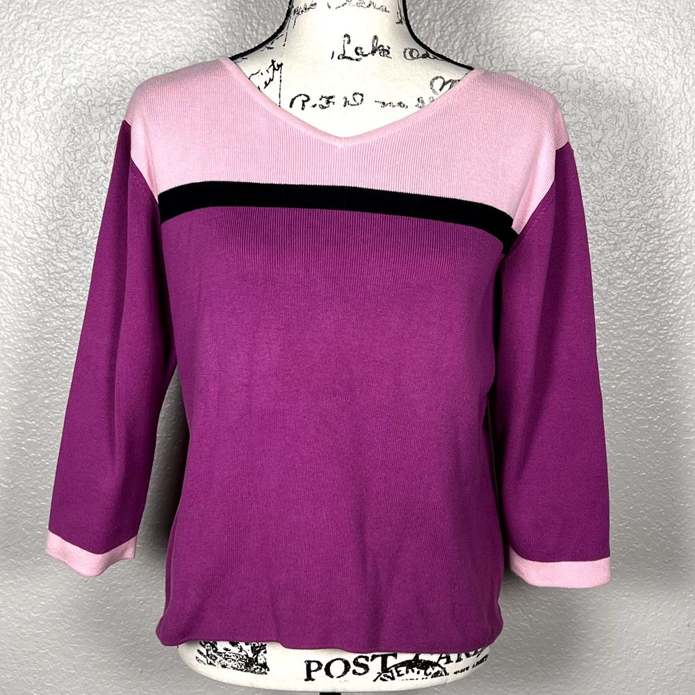 Harold's Hand-Framed Pink Colorblock 3/4 Sleeves Sweater 100% Cotton Knit Sz L